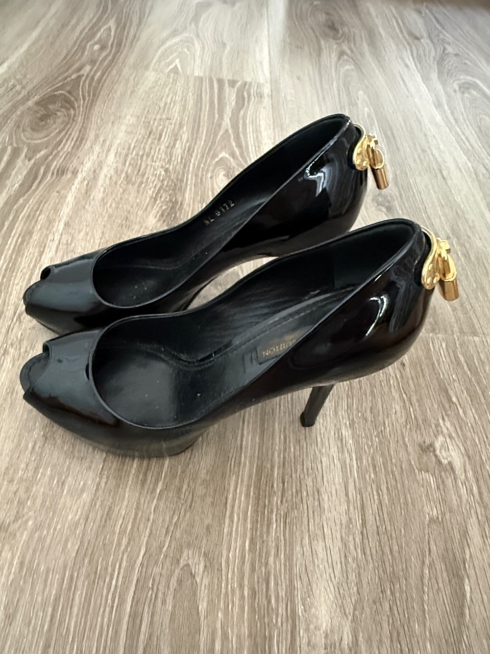 Louis Vuitton Black Patent Peep-Toe Heels with Gold Padlock Charm